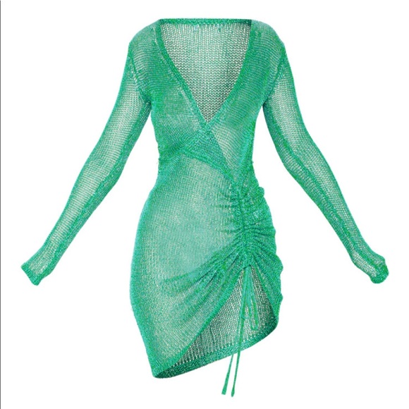 Green Metallic Knitted Wrap Front Dress - Picture 2 of 7